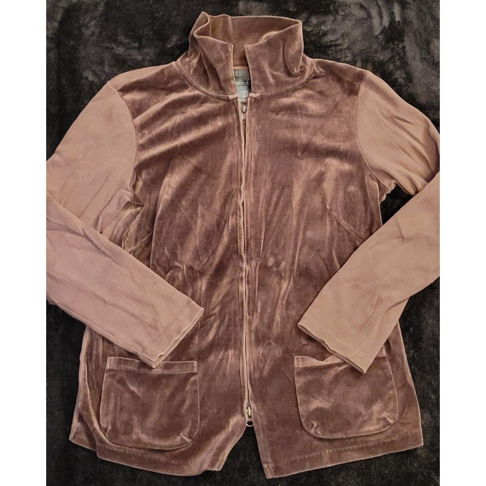 Brown Velvet Donna Karan Full-Zip Jacket With Two Front Pockets Size Large